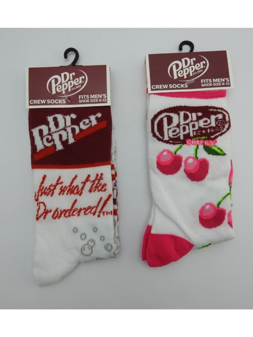 Dr Pepper Crew Socks 2 Pair Pack Cherries Soda Novelty Men's 6-12